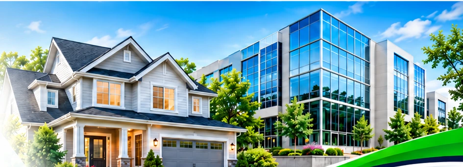 A residential home beside a modern glass commercial building